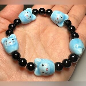 Blue Ceramic and Glass Cat Charm Bracelet